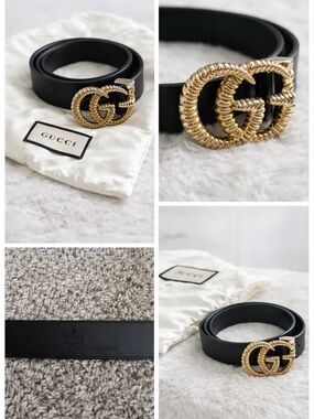 Gucci GG Marmont Black Leather Belt Gold Buckle Size ~34 Includes Dust Bag